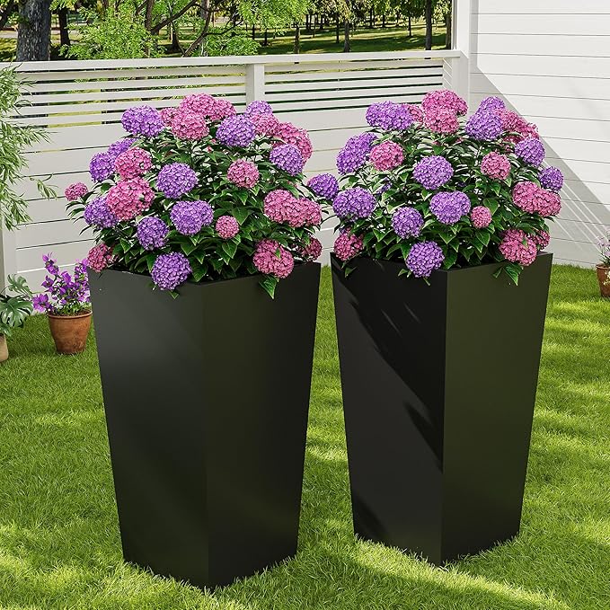 Garvee 30" Tall Planters Set of 2, Outdoor＆Indoor Black Planter Pots, High Front Porch Planter Pots with Drainage Holes＆Water Level Monitor＆Inner Bucket,Black