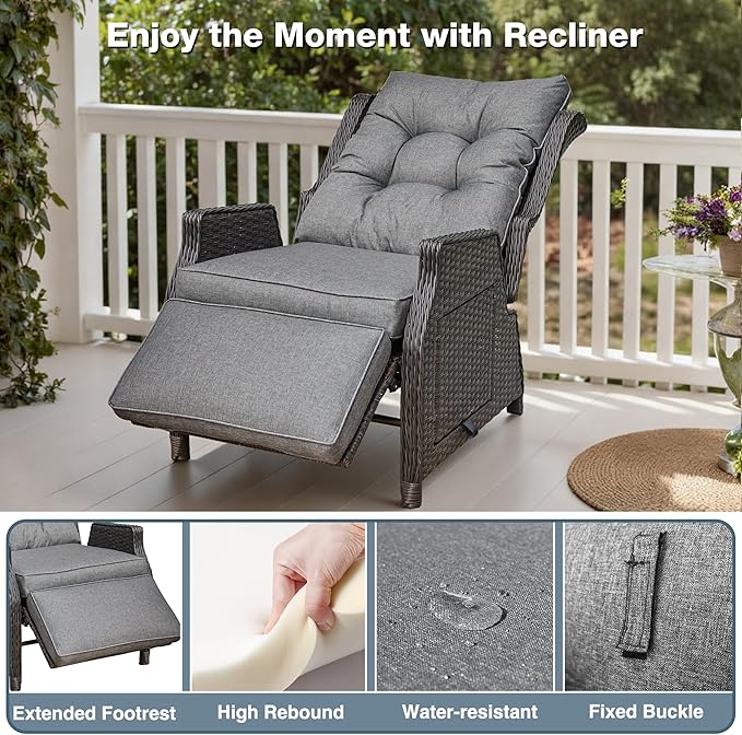 Outdoor Indoor Wicker Recliner with Adjustable Back and Footrest, Patio Reclining Chair with Flip-up Table, Outdoor Rattan Lounge Chair, Grey 2PCS