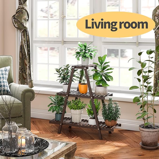 Plant Stand Indoor, Outdoor bamboo Plant Rack for Multiple Plants, 3 Tier 8 Potted Flower Holder Ladder,Plant Shelf Ladder Table Plant Pot Stand for Living Room, Patio, Balcony (Brown)