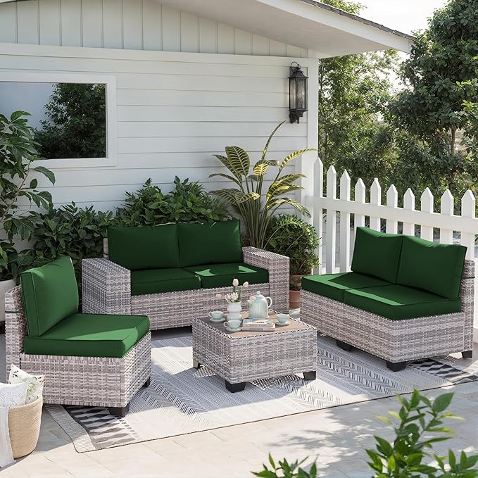 6-Piece Outdoor Patio Furniture Set Wicker Sectional Sofa Set, Patio Conversation Set with Thickened Cushions & Coffee Table for Garden, Backyard, Poolside, Green