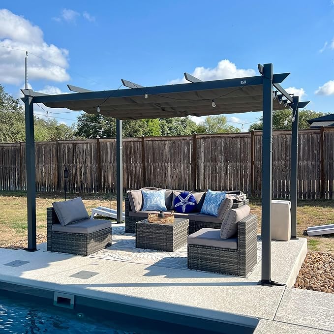 PURPLE LEAF 10' x 13' Aluminum Outdoor Pergola Wind-Resistant Retractable Pergola with Double Sun Shade Canopy Heavy-Duty Metal Pergola for Patios Backyard Deck Garden, Grey