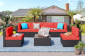 Vongrasig 7 Pieces Patio Furniture Sets, Outdoor Modular Sectional Sofa Patio Conversation Set PE Rattan Wicker Sectional Couch with Cushion, Glass Table for Patio, Garden, Poolside, Red