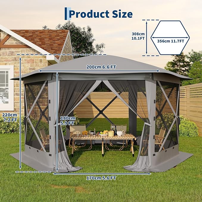 11.5x11.5FT 6-Sided Pop Up Gazebo Tent，One-Push Setup Canopy Tent with Mesh Panels & Removable Wind Cloths, Outdoor shelter for Camping, Backyard Parties, Outdoor Events - Grey