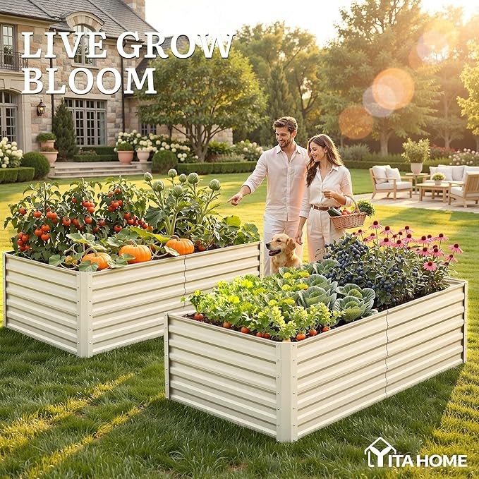 YITAHOME 6x3x2ft 2pcs Large Raised Garden Bed Kit, Galvanized Metal Planter Box with Gloves, Support Rod, Outdoor Above Ground Planters for Plants Vegetables Flowers, Cream Yellow