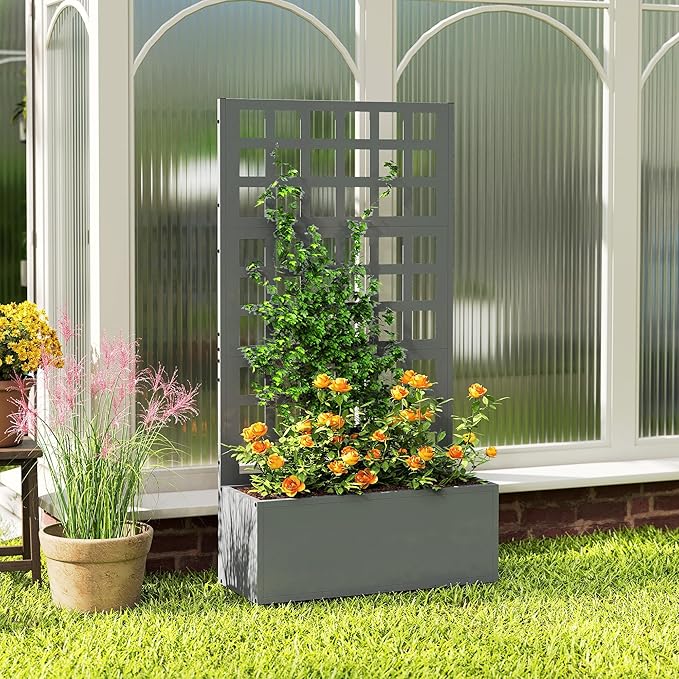 Outsunny Galvanized Raised Garden Bed with Trellis, Metal Planter Box with Drainage Holes, Outdoor Privacy Screen for Climbing Plants, Vegetable, Vines, 24" x 9" x 44.5", Gray