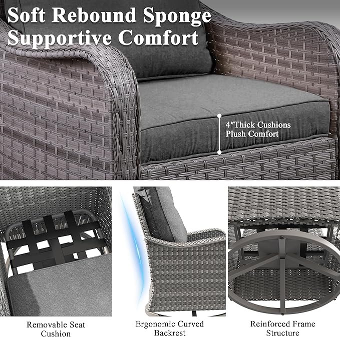 2-Seat Modern Patio Furniture Set with Swivel Rocking Chairs, Thick 4″ Cushions, Dual-Strand Wicker Rattan, Rust-Resistant Steel Frame – Outdoor Conversation & Modular Sectional,Black