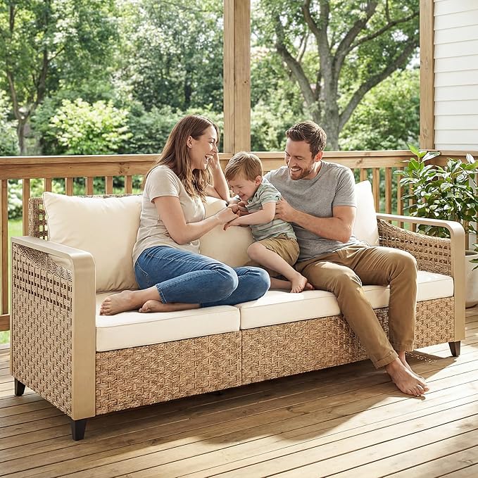 Outsunny Outdoor Patio Couch with Wide and Deep Seat, 3 Seater Wicker Outdoor Sofa with Wide Metal Armrests, Patio Furniture Couch with Cushions for Porch, Garden, Backyard, Beige | Removable Covers