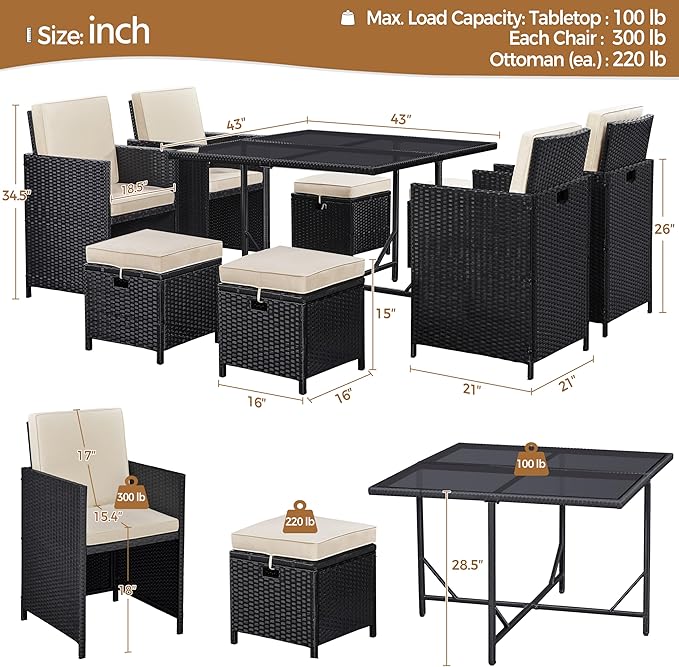 Yaheetech 9-Piece Patio Dining Sets, Outdoor Space Saving Rattan Chairs with Glass Table, Wicker Sectional Conversation Furniture Set with Removeable Cushions, Black/Beige