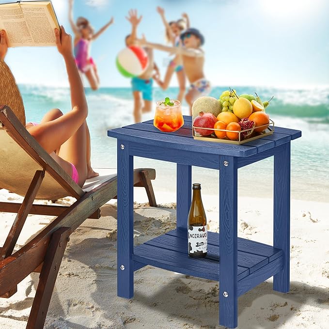 Y&M Outdoor Side Table, HIPS Adirondack Small Double Layer Table, Waterproof Square Outside Table, Balcony End Tables for Patio, Pool, Porch, Deck, Indoor or Outdoor Use, Navy Blue