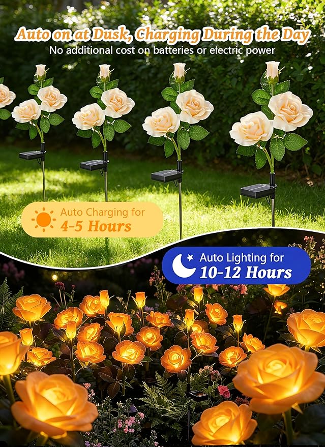 Brightown Outdoor Solar Flower Lights, 4 Pack Solar Garden Light with Larger & More Realistic Champagne Rose, Bigger Solar Panel, Waterproof Solar Lights Outdoor for Yard Garden Lawn Pathway Decor