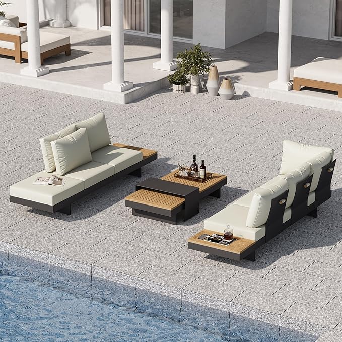 homary 6 Piece Aluminum & Teak Outdoor Sofa Set, Patio Sofa Seat L-Shaped Outdoor Sectional Sofa Set with Adjustable Backrests, Waterproof, Fade Resistant Cushions Ideal for Patios & Balconies,Beige