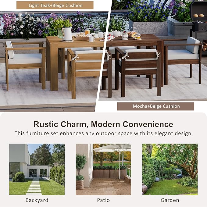 Merax 7-Piece Patio Dining Table Set,Outdoor Furniture Set with 72.8" Rectangle Table & 6 Chairs,Adjustable Leveling Feet,Umbrella Hole for Backyard,Garden, Poolside,Teak+ Beige