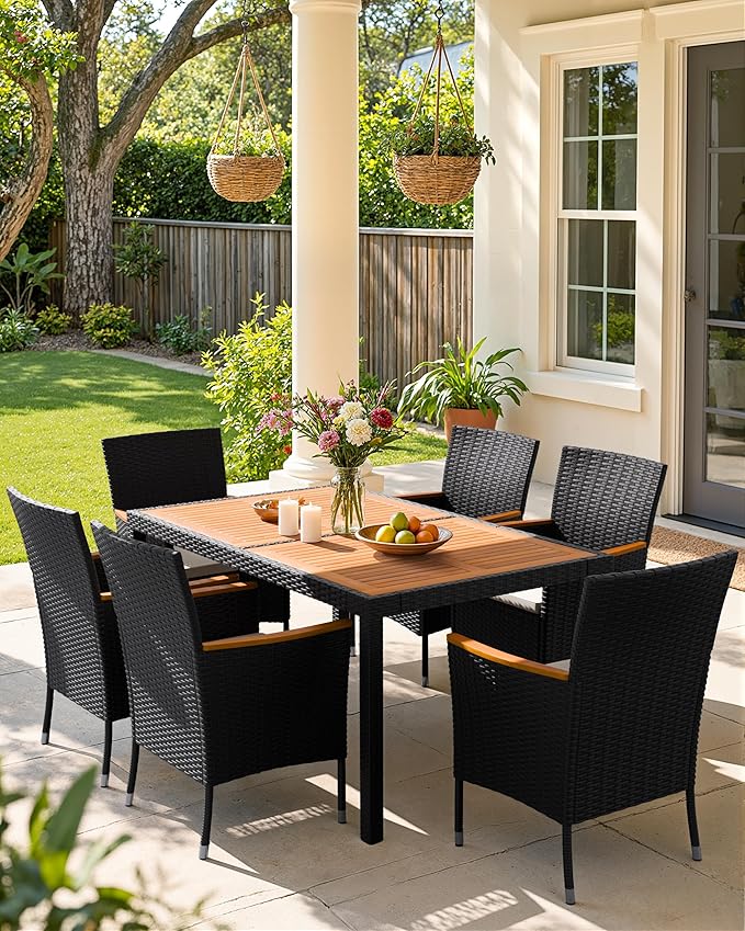 Flamaker 7 Piece Patio Dining Set Outdoor Acacia Wood Table and Chairs with Soft Cushions Wicker Patio Furniture for Deck, Backyard, Garden