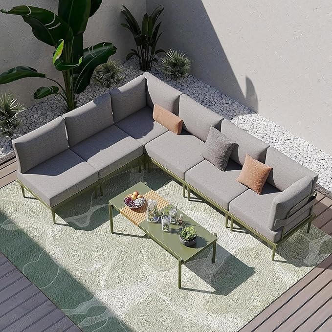 Sundale Outdoor 7 Pieces Metal Patio Furniture Set, Outdoor Sectional Sofa with 6 Inch Olefin Cushion, Modern Outdoor Conversation Sets for Backyard, Poolside, Sunroom