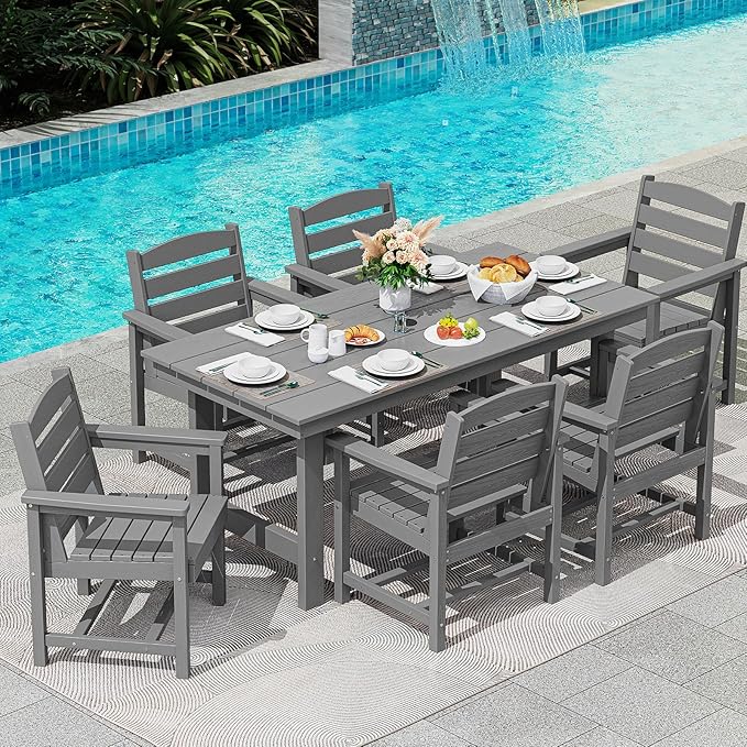 SERWALL Patio Dining Table and Bench Set for 6, Gray
