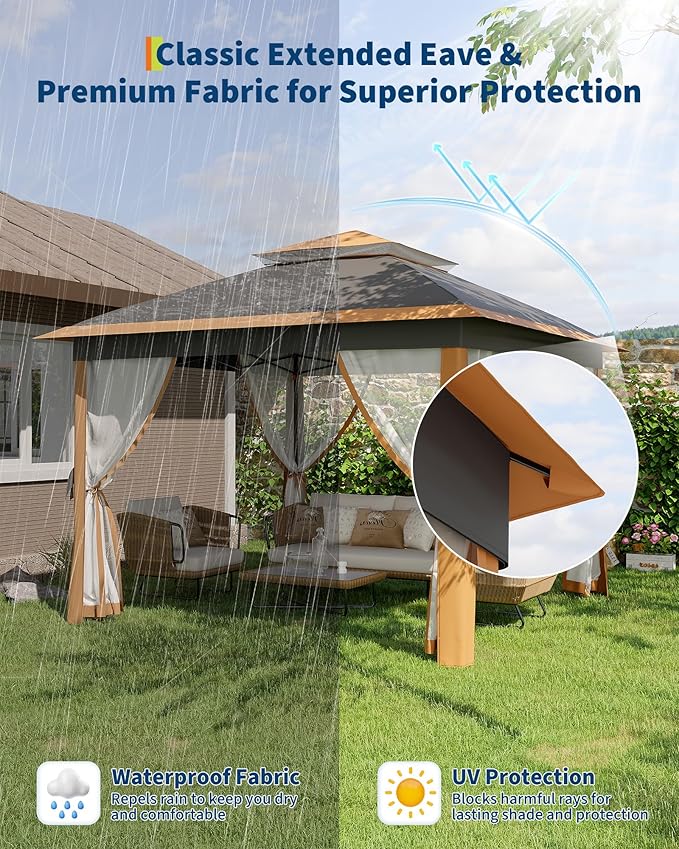 11'x11 Pop-Up Gazebo, Instant Outdoor Canopy Tent with Mosquito Nettings, Durable Steel Frame, Water and UV Proof, for Patio, Garden, Courtyard, Party (Khaki)