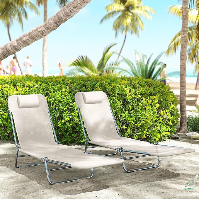 Outsunny 2 Piece Folding Chaise Lounge Chairs, Pool Sun Tanning Chairs with Reclining Back, Breathable Mesh Seat, Headrest for Beach, Yard, Patio, Cream White