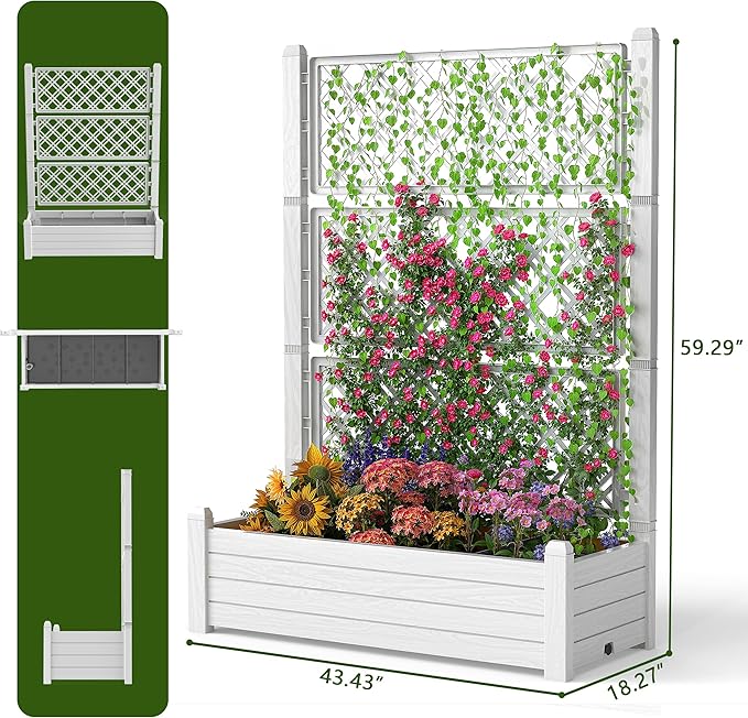 EasyUp Raised Garden Bed with Trellis for Climbing Plants, Outdoor Herb Planter Box with Drainage Plug & Water Gauge, Durable Resin for Patio, Balcony, Yard, Dust-Proof Garden Planter
