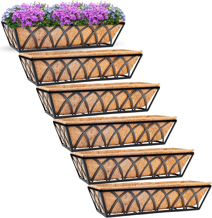 6pcs 24 Inch Window Deck with Coco Liner, 24" Window Boxes Horse Trough with Coconut Coir Liner, Metal Hanging Flower Planter Window Basket Deck Railing Planter Boxes for Outdoor Indoor Lawn
