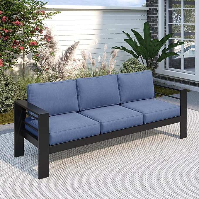 Solaste Aluminum Outdoor Couch, 3-Seat Metal Outdoor Sofa with Water-Resistant Cushion, Weather-Resistant Modern Patio Sofa, Black Frame Blue Cushion