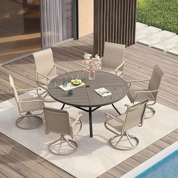 VICLLAX Round Patio Table with Adjustable Umbrella Hole for 6, All Weather Metal Outdoor Dining Table for Lawn Garden, 47.2" Outdoor Coffee Table, Grey Wood-Like Tabletop
