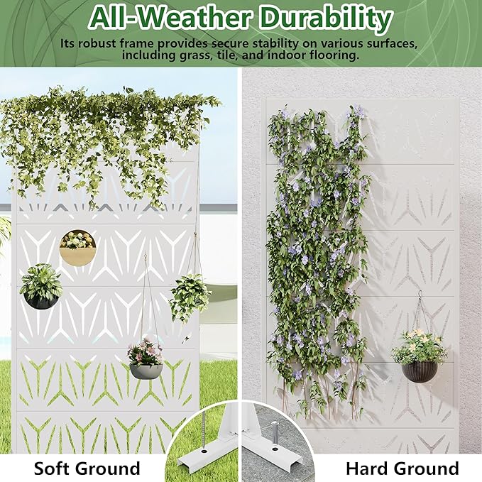 Casaphoria Metal Privacy Screen Outdoor, 72" H x 35" W Freestanding Decorative Privacy Screen for Patio Deck Balcony Garden with Stable Base, White-Star