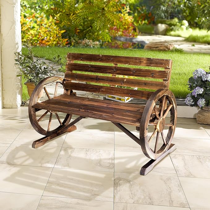 Outsunny 41" Wooden Wagon Wheel Bench, Rustic Outdoor Patio Weather Resistance Furniture, 2-Person Slatted Seat Bench with Backrest, Carbonized