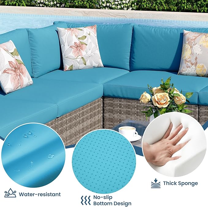 Wisteria Lane 8 Pieces Outdoor Patio Furniture Set with 43" Fire Pit Table, Wicker Outdoor Patio Sectional Sofas with Coffee Table, All-Weather Patio Conversation Set for Backyard Garden, Light Blue