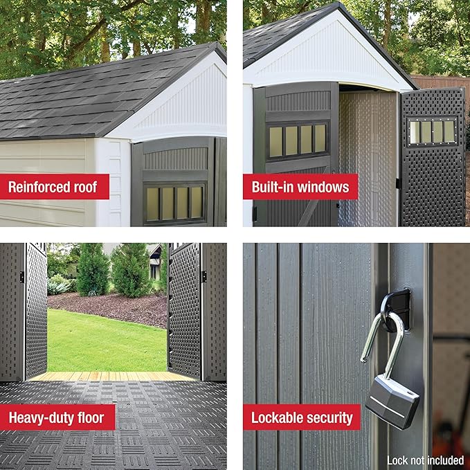 Rubbermaid Resin Outdoor Storage Shed With Floor (7 x 10.5 Ft) Weather Resistant, White, Organization for Home/Backyard/Garden Tools/Lawn Mower/Bike Storage/Pool Supplies