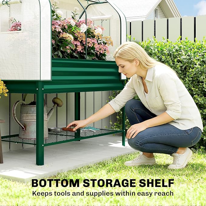 Outsunny Galvanised Raised Garden Bed with Greenhouse Cover, Metal Elevated Garden Bed with Legs, Bed Liner and Bottom Shelf, Outdoor Raised Planter Box for Vegetables, Herbs, Flowers, Green