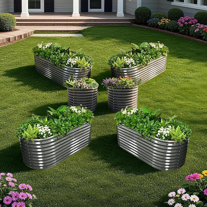 A ANLEOLIFE Set of 6, 30 Inch Extra Tall Galvanized Raised Garden Beds Kit, Large Oval & Round Metal Planters – Ideal for Backyard Vegetables Flowers Herbs, Quartz Grey