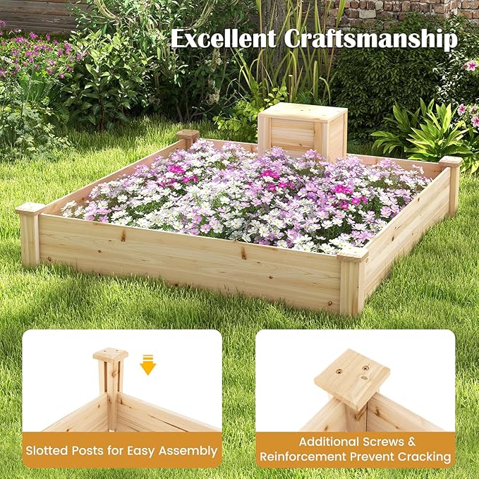 Giantex Raised Garden Bed, 49"x49"x10" Wood Planter Box Kit w/Compost Bin & Open-Ended Bottom for Vegetables, Flowers, Herbs, Fruits, Elevated Square Planting Bed for Patio, Backyard, Garden