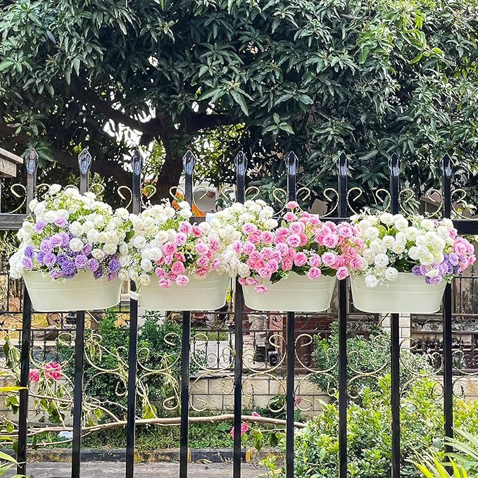 OGIMA 4pcs Hanging Flower Pots, Metal Iron Wall Planter Indoor/Outdoor for Railing Fence Balcony Garden Home Decoration with Detachable Hooks