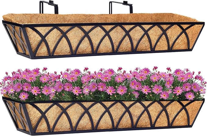 30 Inch Window Deck with Coco Liner Set of 2, 30" Window Boxes Horse Trough with Coconut Coir Liner,Metal Hanging Flower Planter Window Basket Deck Railing Planter Boxes for Outdoor Indoor Lawn