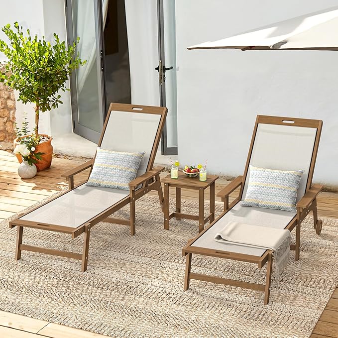 LUE BONA Chaise Lounge Chair Outdoor Set of 2, HDPS and HDPE Wicker Chaise Lounger with 5 Positions, Pool Lounge Chairs with Wheels and Adjustable Backrest for Patio, Poolside, Deck, Backyard