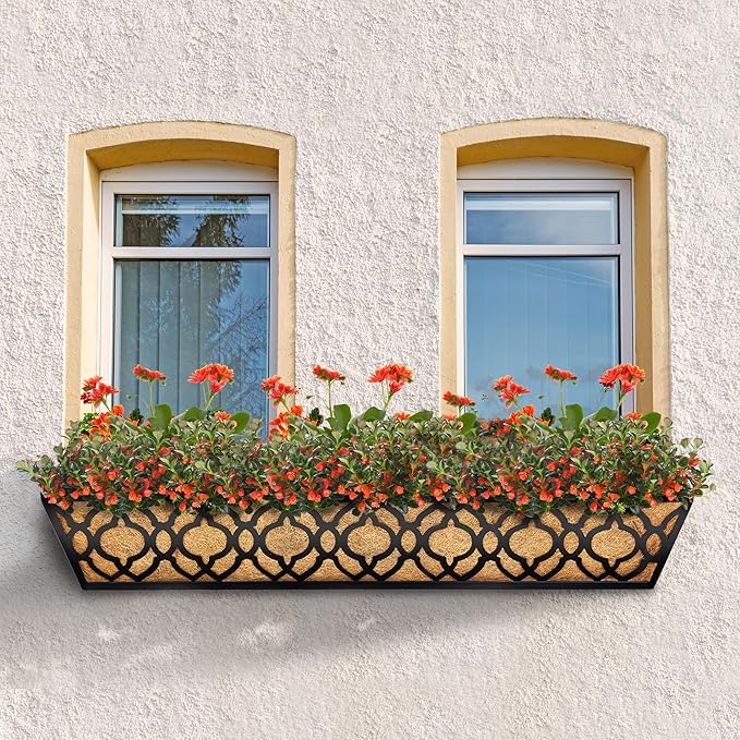 2pcs 30 Inch Window Deck with Coco Liner, 30" Window Boxes Horse Trough with Coconut Coir Liner, Metal Hanging Flower Planter Window Basket Deck Railing Planter Boxes for Outdoor Indoor Lawn