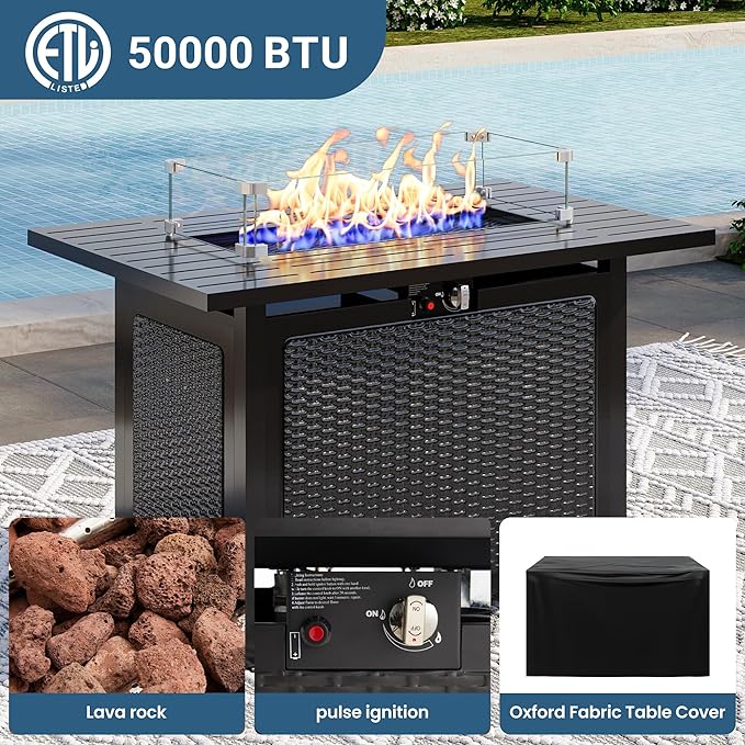 8 Pieces Outdoor Patio Furniture Set with 43" Fire Pit Table, Wicker Outdoor Patio Sectional Sofas with Coffee Table and Cushions, All-Weather Patio Conversation Set for Garden Backyard, Light Blue