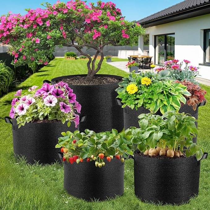 5 Pack 3 Gallon Grow Bags, Thickened Nonwoven Fabric Planter Pots with Handles, Heavy Duty 300G Garden Pots for Tomato, Potato and Vegetable
