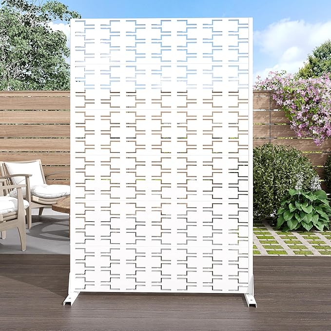 Casaphoria Metal Privacy Screen Outdoor, 72" H x 47" W Freestanding Decorative Privacy Screen for Patio Deck Balcony Garden with Stable Base, White-Brick