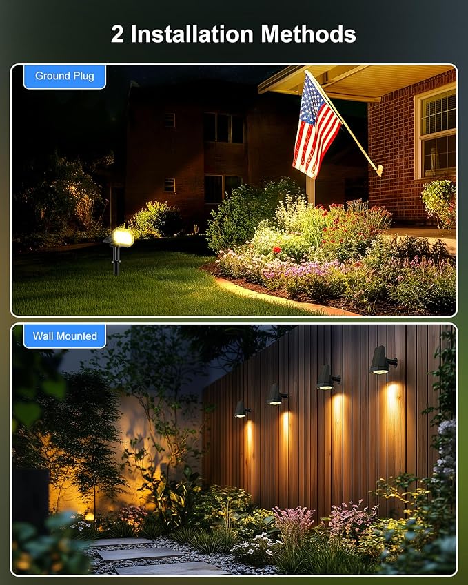 Brightown Solar Lights Outdoor with 58 LED & Auto ON/Off, IP67 Solar Spot Lights Outdoor with 3 Light Intensities. 2-in-1 Outdoor Solar Lights for Yard, Gardens, Flag and Pathways. 4Pcs (Warm White)