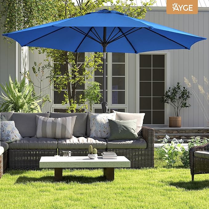 Ayge 9FT Large Outdoor Patio Umbrella Market Table Umbrella-UV Resistant, Easy Push Button Tilt and Crank, 8 Sturdy Fiberglass Ribs Heavy-Duty Pool Umbrella for Deck, Backyard,Garden,Blue