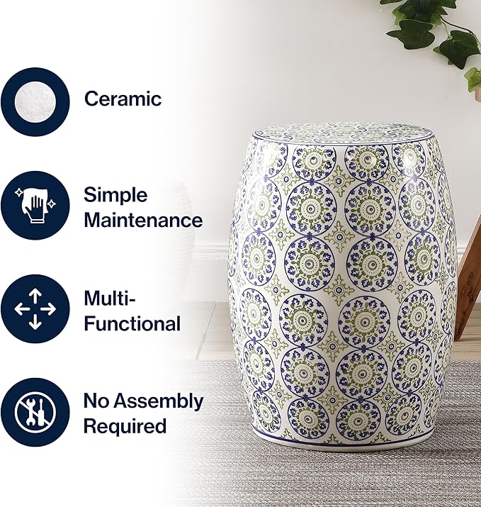 JONATHAN Y TBL1025A Lula 17.25" Suzani Ceramic Indoor/Outdoor Garden Stool, Blue/Green, Classic, Coastal, Bohemian, Traditional, Mediterranean, Cottage for Living Room, Garden, Outdoor, Home