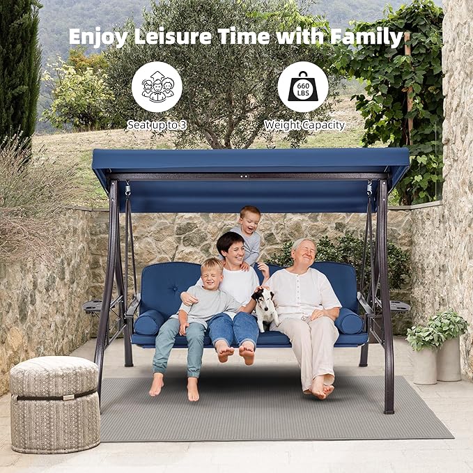 HOMREST 3 Seat Outdoor Porch Swing with 1.5" Deepened Cup Holder, Adjustable Canopy, Patio Swing Bed with Stand, Patio Glider Swing with Thicken Cushions, Pillow for Yard, Garden(Blue)