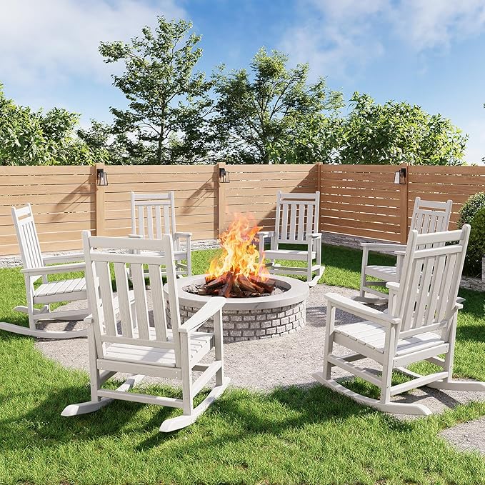 GarveeLife Poly Lumber Rocking Chair Outdoor Set of 6 - HDPE High Back Porch Rocker Chairs for Adults - All Weather Resistant Furniture for Patio - White