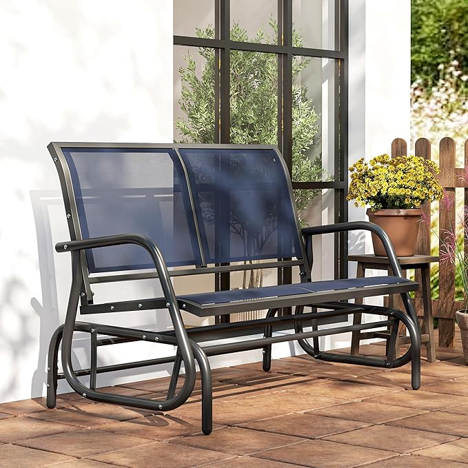 Outsunny 2-Person Outdoor Glider Bench, Patio Double Swing Rocking Chair Loveseat w/Powder Coated Steel Frame for Backyard Garden Porch, Dark Blue