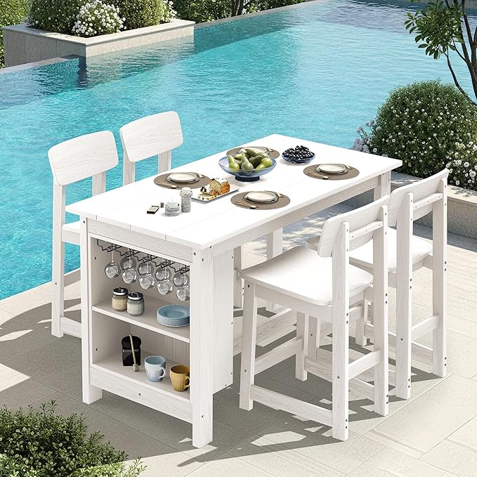 SERWALL 10-Piece HDPE Counter Height Dining Table Sets with Storage and Wine Rack, 2 Rectangular Bar Table with Bar Stools Set of 8 for Garden, Backyard, Kitchen, White