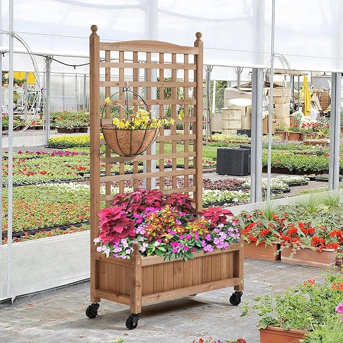 Yaheetech 2pcs 50" H Raised Garden Bed with Trellis & Wheels Standing Vertical Horticulture Planter Box for Vine Climbing Plants, Flowers, Herbs Brown