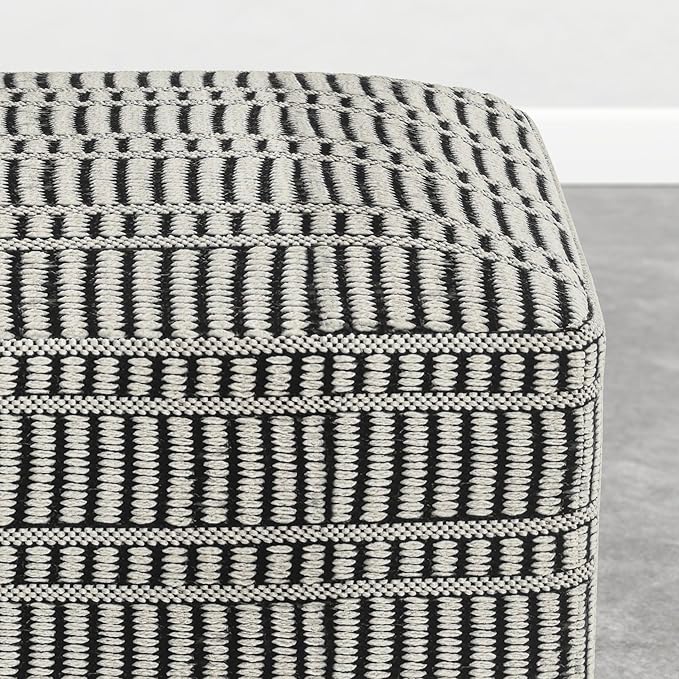 SIMPLIHOME Safford Square Pouf - 20 inch Wide Upholstered PET Polyester Ottoman in Cream White and Deep Black, Boho Indoor/Outdoor Footstool or Extra Seating for Living Room or Patio, Assembled