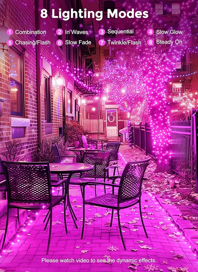 Minetom Solar String Lights for Outside, 2 Packs Total 66Ft 200 LED Outdoor Solar Fairy Lights, 8 Modes Balcony Lights for Tree Patio Christmas Party Wedding Decor (Pink)