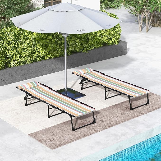 Outsunny Folding Chaise Lounge Chair Set of 2, Patio Sun Tanning Chair, Outdoor Chaise Lounger with 4-Position Reclining Back, Breathable Mesh Seat for Beach, Poolside, Rainbow Striped
